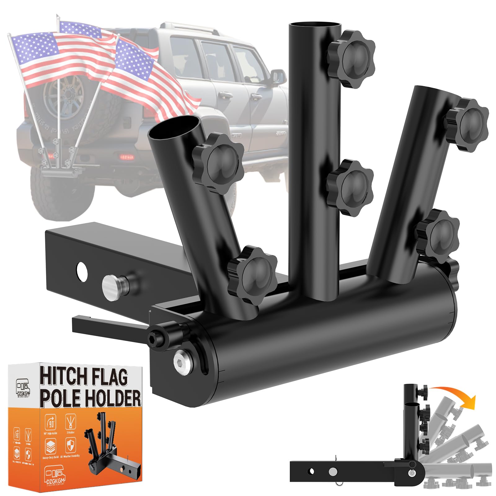 Triple Receiver Hitch Flag Holder — 2 in receiver · triple display