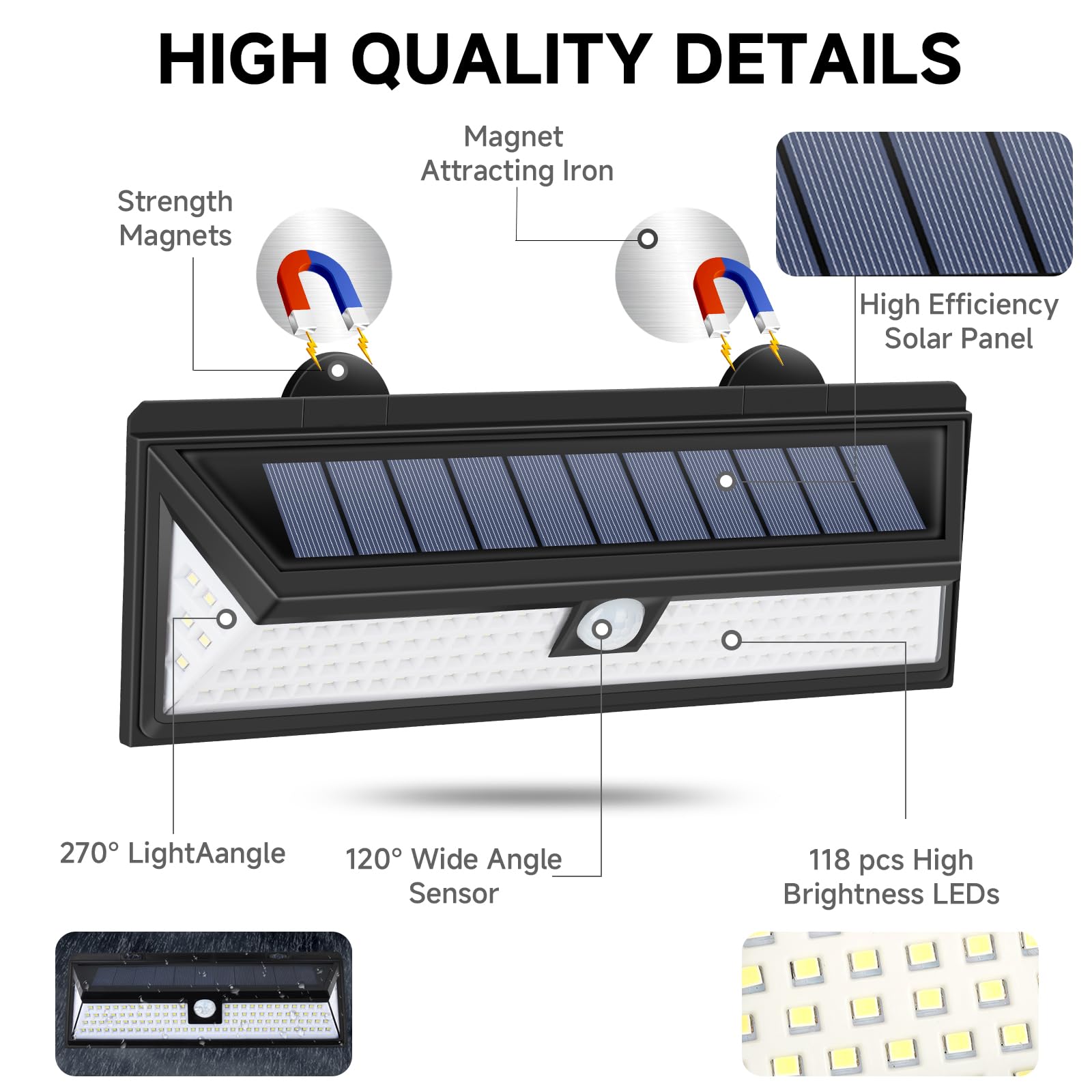 118-LED Magnetic Solar RV Light — 2400 mAh · motion sensor — detail 2