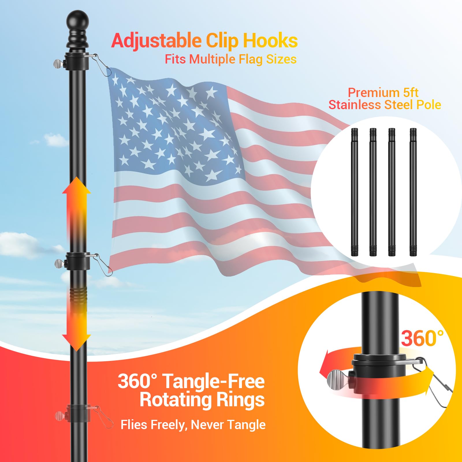 Magnetic Fifth-Wheel Flag Mount Kit — With 5 ft stainless-steel pole — detail 3