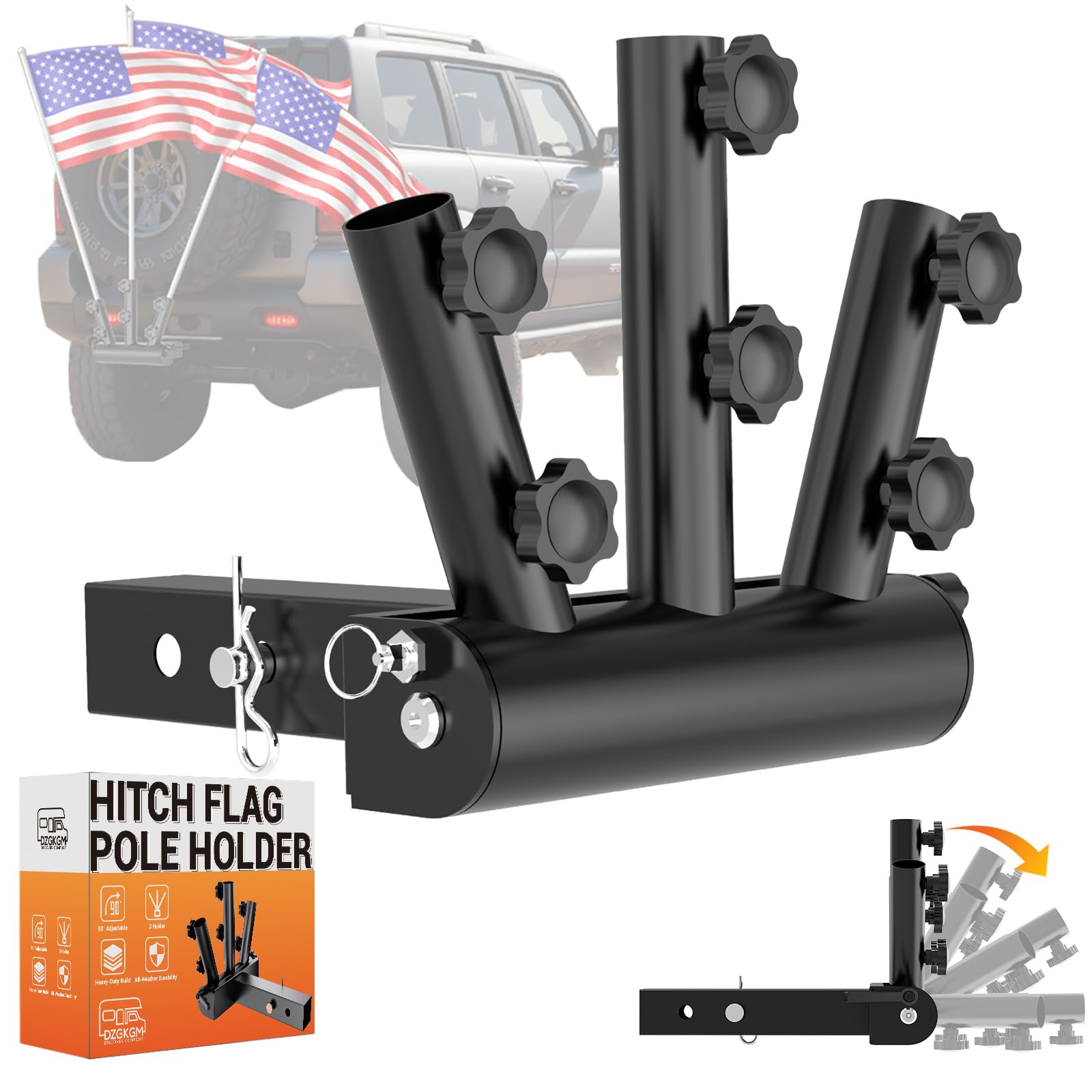 Spring-Lock Triple Hitch Flag Holder — 2 in receiver · adjustable