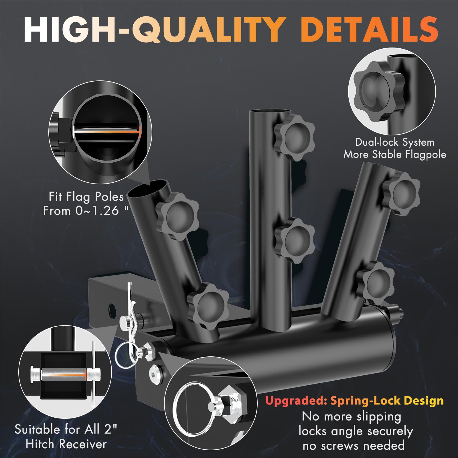 Spring-Lock Triple Hitch Flag Holder — 2 in receiver · adjustable — detail 3